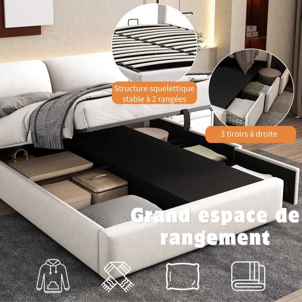 Velours Bed – Modern Bed – Opbergbed – Eenpersoonsbed – Slaapbed – 140x190 cm – Hydraulisch Opbergvak - Beige