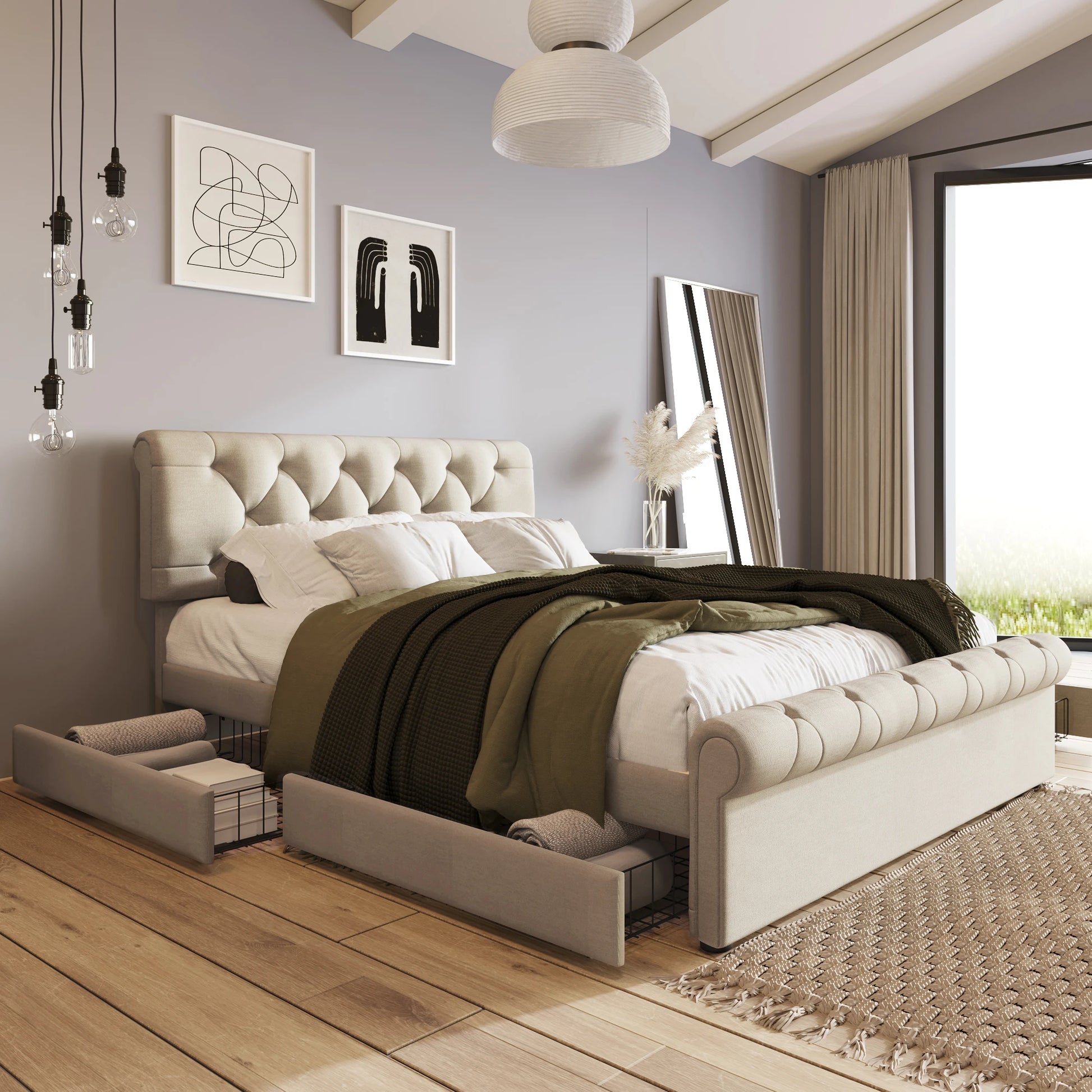 Polsterbed – Tweepersoonsbed – Bed Met Opbergladen – Bed 140x200 Cm – Verstelbaar Hoofdeinde – Huidvriendelijke Linnenstof - QUORE