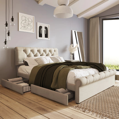 Polsterbed – Tweepersoonsbed – Bed Met Opbergladen – Bed 140x200 Cm – Verstelbaar Hoofdeinde – Huidvriendelijke Linnenstof - QUORE