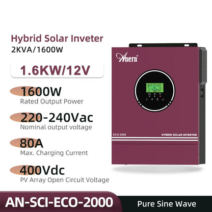 Hybride Zonne-Energie Omvormer – Solar Omvormer – Zonnepaneel Inverter – PV Omvormer – Accu Omvormer – Variant Eco-2000 No WiFi – Ingebouwde Mppt-Lader 120A – Max 500V PV Spanning