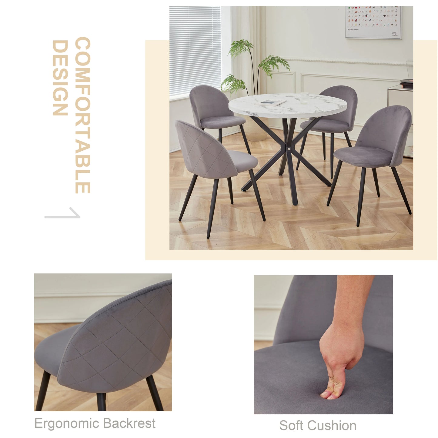 Eetkamerstoelen – Fluwelen Stoelen – Velvet Stoelen – Metalen Frame – Set Van 6 – Ergonomisch Comfort – Snelle Montage – Grijs