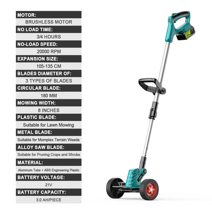 Grasmaaier - Grastrimmer - Tuingereedschap - Handcultivator - Elektrische - 9 Inch - Inklapbare - Draadloze - Brushless - Tuinsnijder met Verstelbare Lengte – Geschikt voor 18V Accu – Inclusief 2 Accu - 3 -in-1 Kantenmaaier