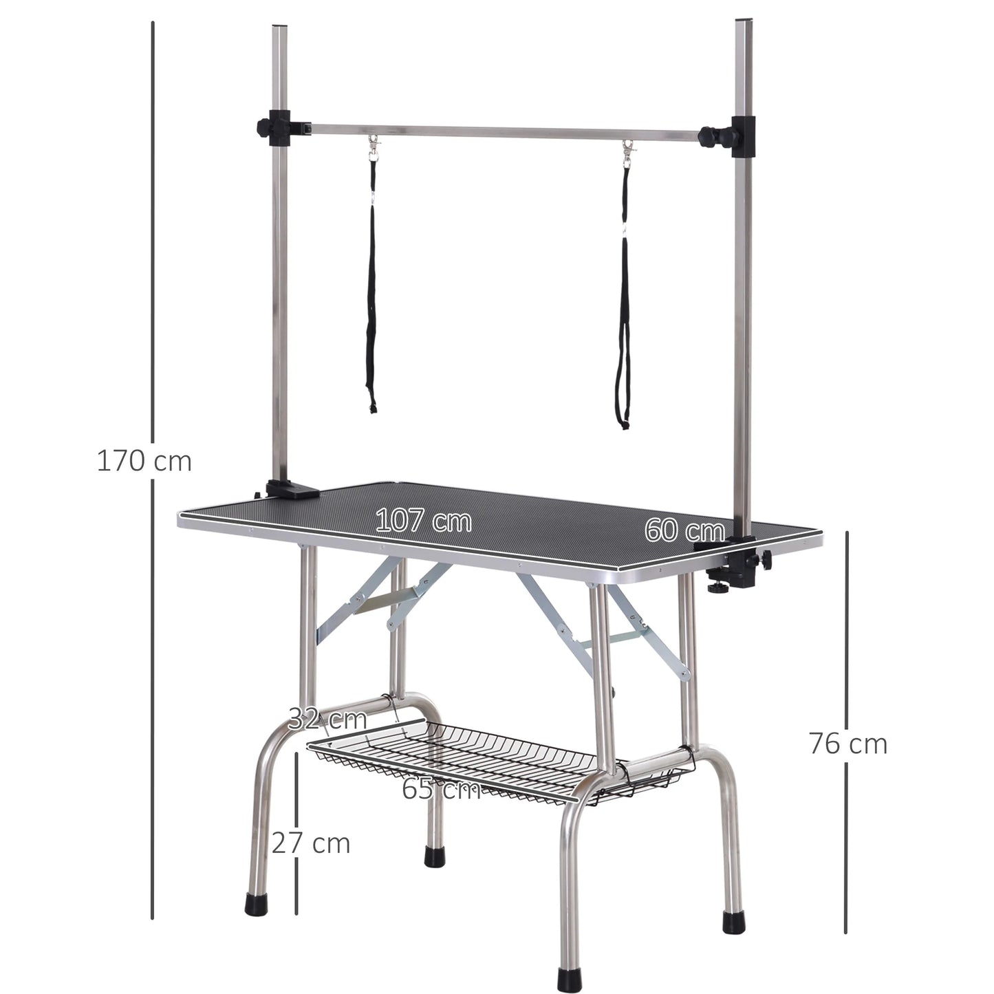 Hondentrimtafel – Hondentafel – Trimmtabel – Verzorgingstafel – Inklapbare Trimmtafel – Zwart – Anti-Slip Werkblad – Opbergmand Onder Tafel - QUORE