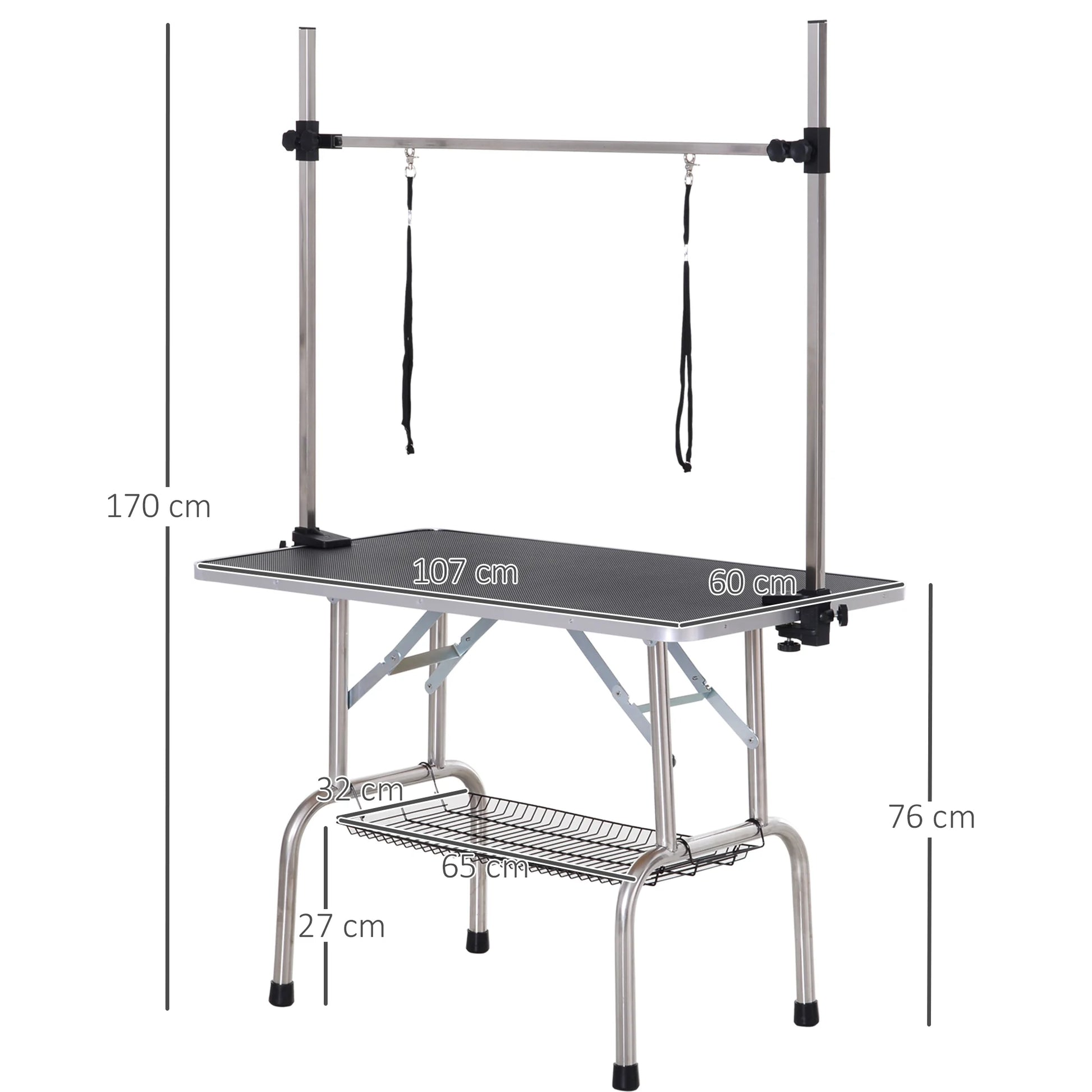 Hondentrimtafel – Hondentafel – Trimmtabel – Verzorgingstafel – Inklapbare Trimmtafel – Zwart – Anti-Slip Werkblad – Opbergmand Onder Tafel - QUORE