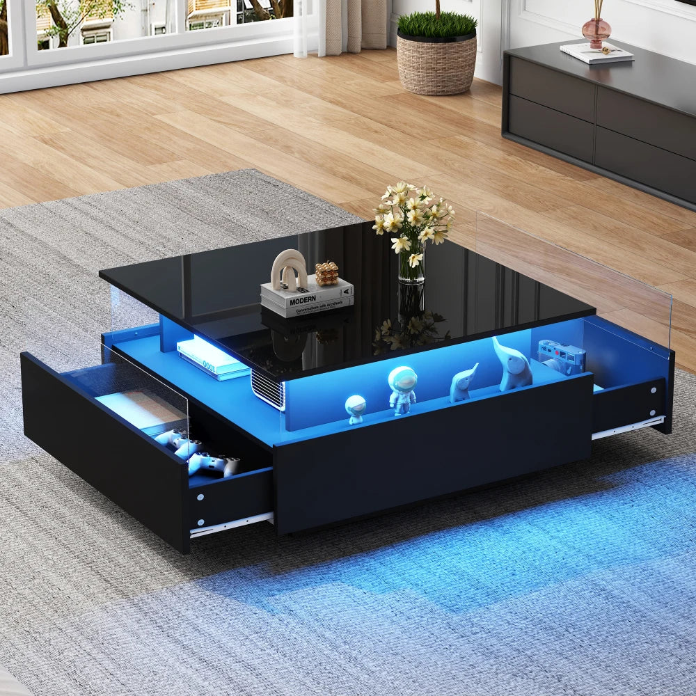 Salontafel – Koffietafel – Tafel – Woonkamertafel – Bijzettafel – Zwart – Modern Design – Geïntegreerde LED-Verlichting - QUORE