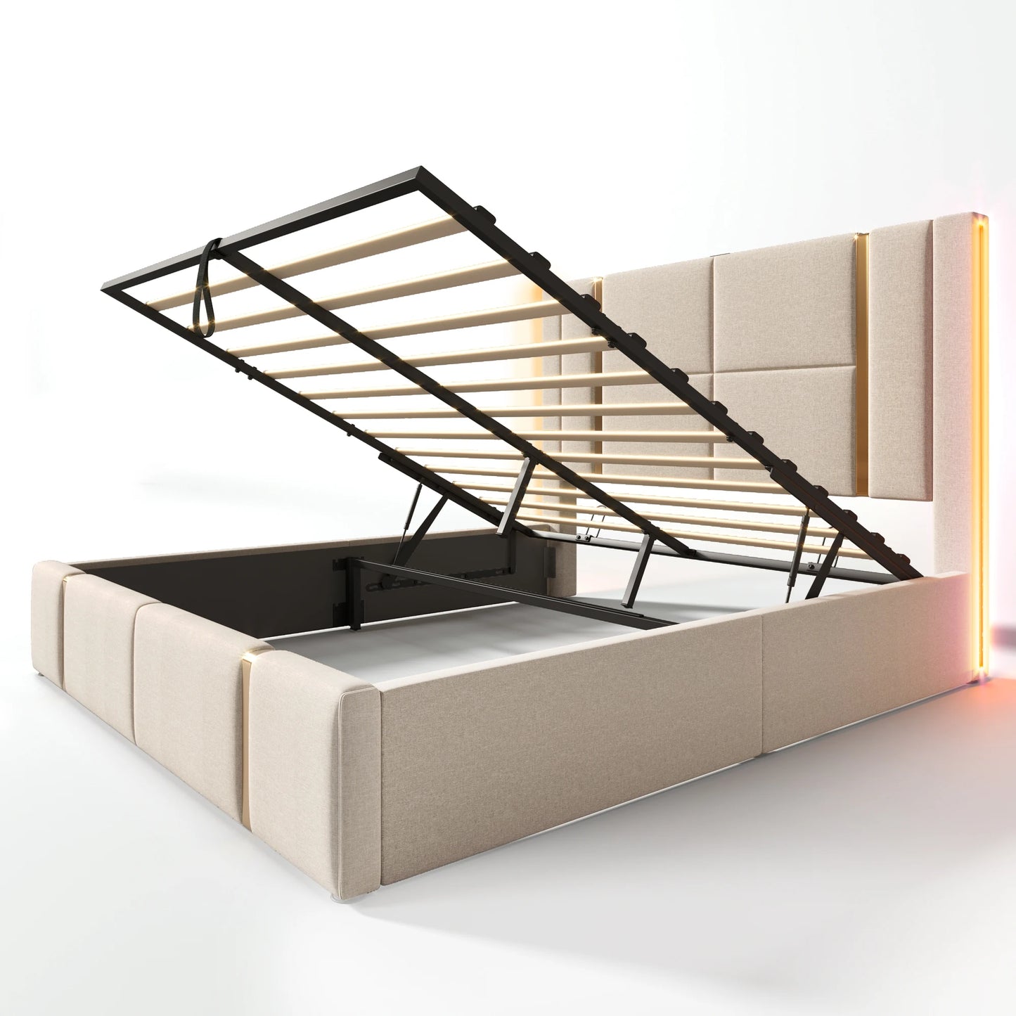 Led Bed – Tweepersoonsbed – Opbergbed – Gestoffeerd Bed – Boxspring – 160x200 cm – Linnen Hoofdbord – USB Type-C Oplaadfunctie met RGB LED Verlichting - QUORE