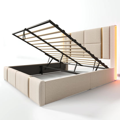 Tweepersoonsbed – Bedframe – Slaapbank – Opbergbed – Led Bed – Beige 140×200 cm – Ingebouwde USB & Type-C Poorten – RGB LED Sfeerverlichting Met App Control - QUORE