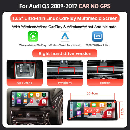 12.3 inch Ultra-thin Screen Wireless CarPlay Android Auto Car Multimedia For Audi Q5 2009-2017 With Airplay Autolink Functions