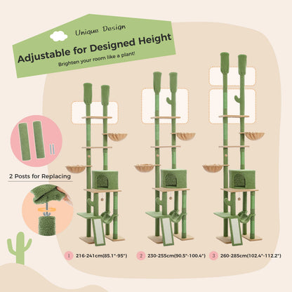 Kattenboom – Krabpaal - Katten Klimmuur - Kattenmeubel - met Hangmatten en Huisjes - Verstelbare Hoogte - 216-285cm - Sisal Krabpalen - Groen