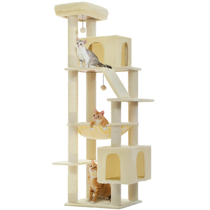 Kattenboom - Krabpaal - Kattenkrabpaal - Krabton - Krabpalen - Kattenhuis - Hoge Kattentoren met Meerdere Niveaus - 2 Ruime Condos, Bed voor Binnenkatten - Beige