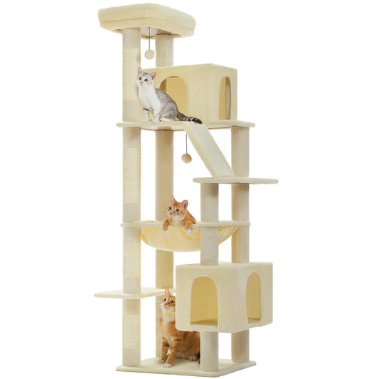 Kattenboom - Krabpaal - Kattenkrabpaal - Krabton - Krabpalen - Kattenhuis - Hoge Kattentoren met Meerdere Niveaus - 2 Ruime Condos, Bed voor Binnenkatten - Beige
