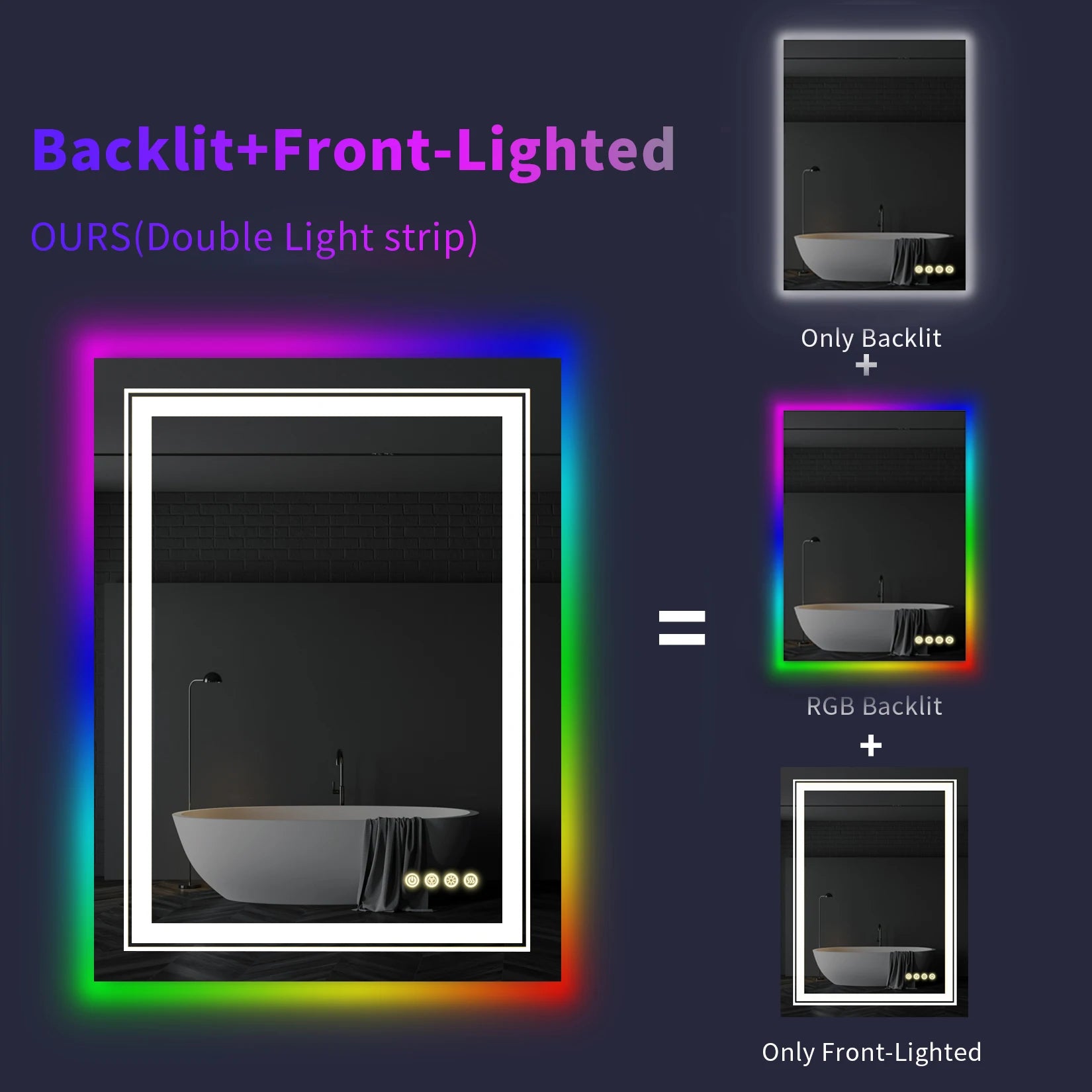 Badkamerspiegel – Verlichte Spiegel – Anti-Fog Spiegel – Touchsensor Spiegel – RGB Achtergrondverlichting – Wasserbestendig IP44 – Aluminium Frame - 70x90cm - QUORE