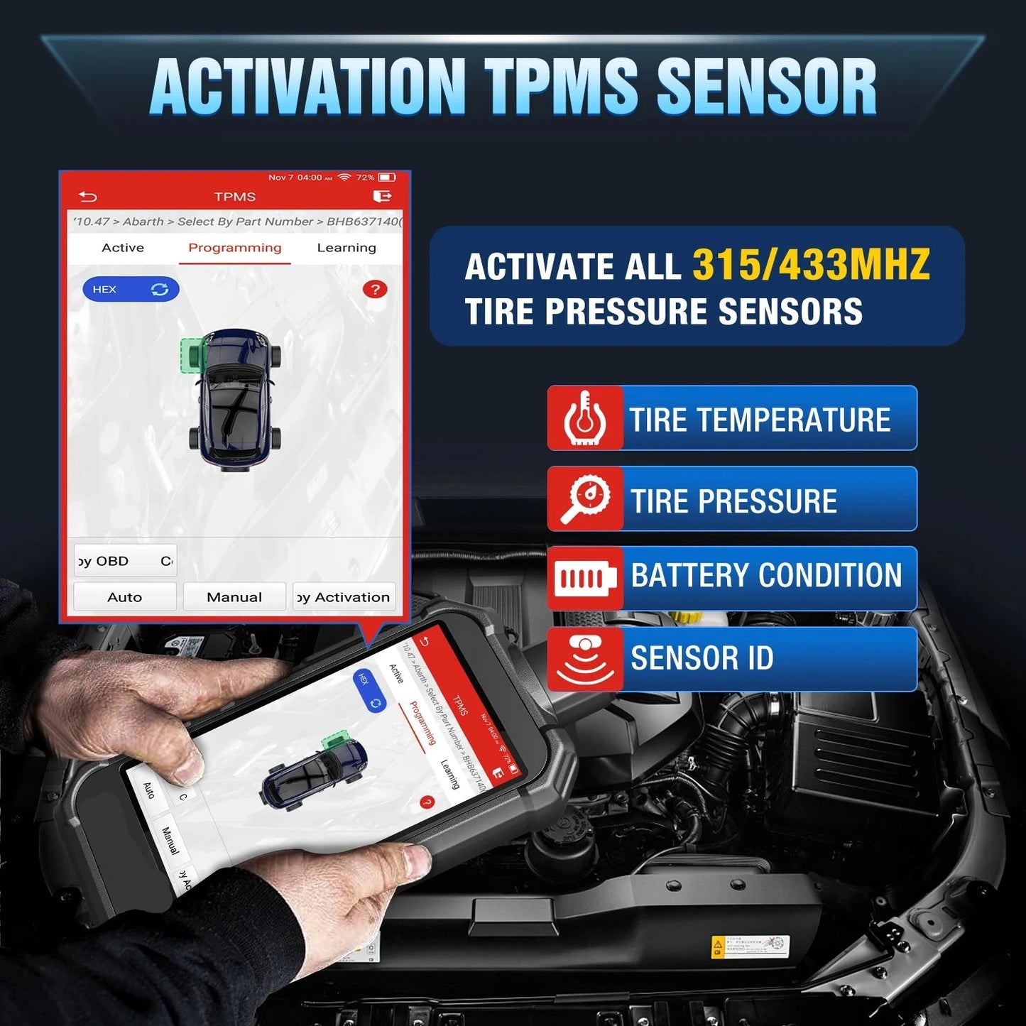 Professionele TPMS Diagnosetool – Bandenspanningsmeter – OBD-II Scanner – Sensor Activator – Resettool – 12 Onderhoudsfuncties – 5 Inch Scherm