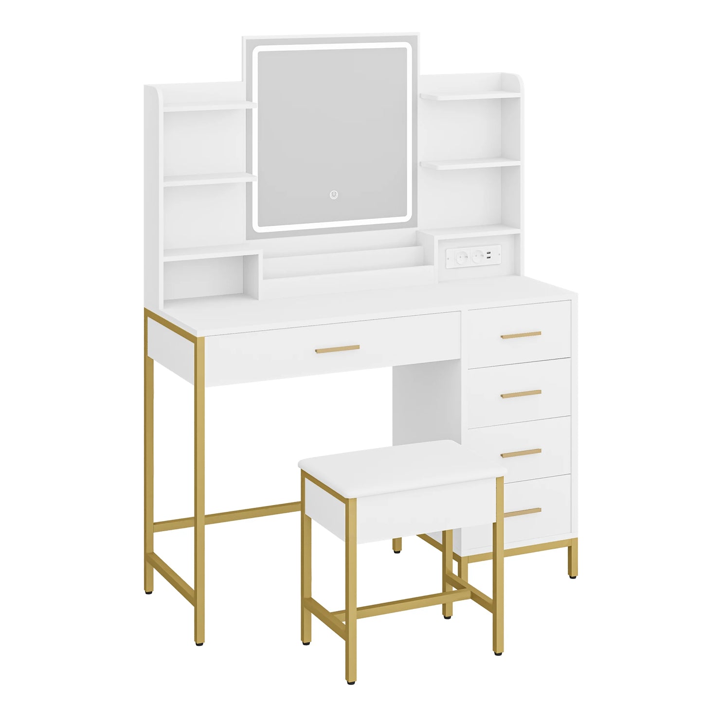 Make-up Tafel – Kaptafel – Schminktisch – Toelettafel – Dressing Table – Met LED-Verlichting en HD Spiegel – 108x40x140 cm – MDF Wit met 5 Lades en USB-stopcontact