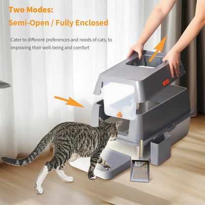 Kattenbak - Kattentoilet - kattenbakvulling - Hoge Wanden & Metalen Binnenbak – Grijs en Zilver - XL