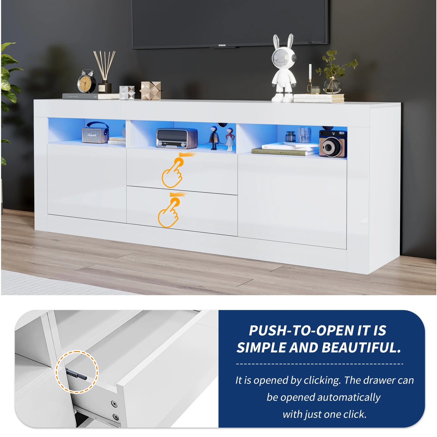 Hoogglans Tv-Meubel – Modern Tv-Kast – Mediameubel – Tv-Stand – Met Push-To-Open Lades – Led-Verlichting Met App - 160 x 35 x 60 cm - Wit