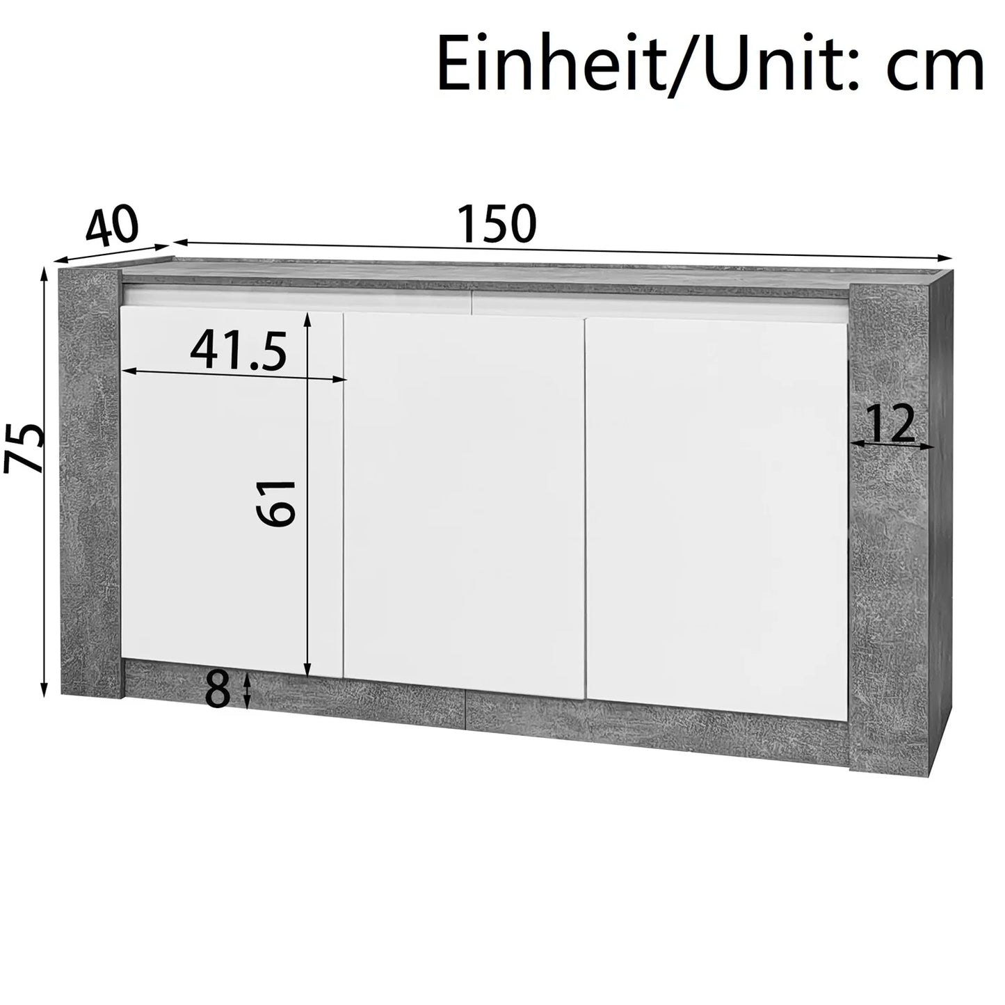 Dressoirkast – Opbergkast – Kast – Meubel – Modern – Hoogglans Wit – 3 Deuren Met Verstelbare Plank - 150 x 40 x 75 cm - Wit