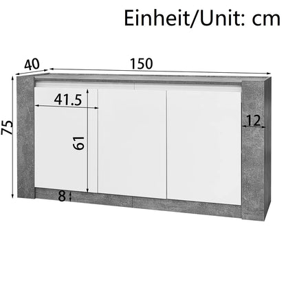 Dressoirkast – Opbergkast – Kast – Meubel – Modern – Hoogglans Wit – 3 Deuren Met Verstelbare Plank - 150 x 40 x 75 cm - Wit