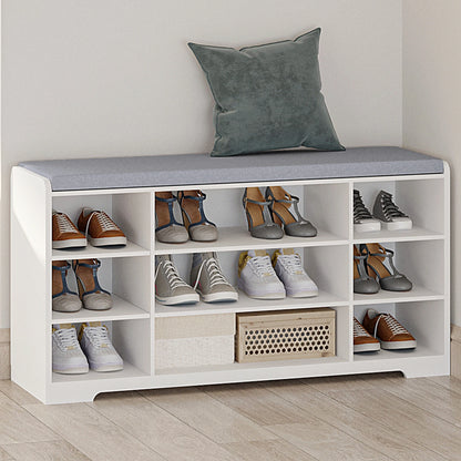 Schoenenbank met Zitvlak en Opbergkussen - Vintage Brown Schoenenrek - 9 Vakken - Verstelbare Planken - Minimalistisch Modern Meubel voor Woonkamer - 30 x 103 x 52,7 cm - QUORE