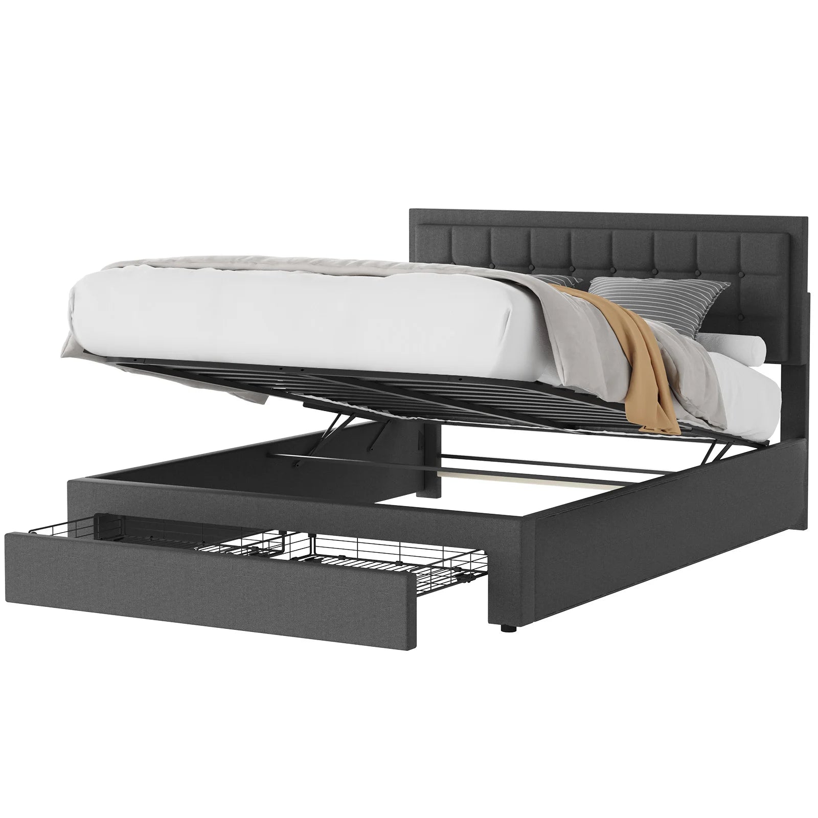 Opfouwbed met Opbergruimte – Vouwbed – Opklapbed – Logeerbed – Opbergbed – Stijlvol Grijs Stof Hoofdbord – Hydraulische Opbergruimte – 160x200 cm - Donkergrijs - QUORE