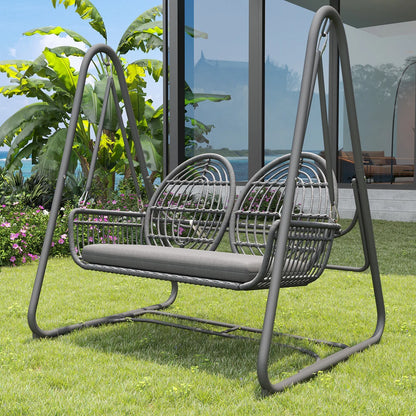 Tuinschommel - Dubbele Schommelbank - Schommelstoel - Tuin - Schommel - 2 Personen - Buiten/Binnen - met Rugleuning – PE Rattan & Metalen Frame – Beige/Geel