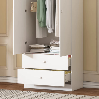 Witte Kledingkast – Garderobekast – Kledingrek – Opbergkast – 2 Lades – Houtmateriaal – 175 Cm Hoog