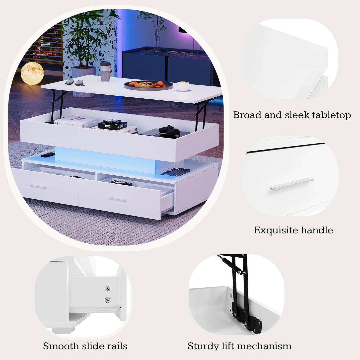 Salontafel – Witte Tafel – Koffietafel – Verstelbare Tafel – Opbergtafel – Hydraulische Hoogteverstelling – LED-Verlichting Met Bluetooth