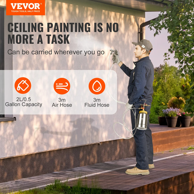 Vevor - Paint Sprayer - Pressure Vessel Tank - Lightweight - Air Paint Pressure Vessel - 1.8mm Nozzle - Paint Spray Gun - 3m Hoses - 2L - Silver