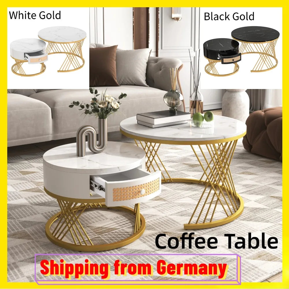 Salontafel – Koffietafel – Bijzettafel – Tafeltje – Tafelset – MDF Marmerlook Blad – Gouden Metalen Poten – 2-in-1 Set Met Lade – Afm. 70x70x45,5 & 50x50x38,5 cm