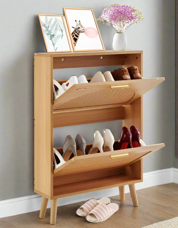 Shoe Rack - Shoe Cabinet - Modern Minimalist - 2 Folding Drawers - 60 x 16.8 x 87.7 cm - PVC Rattan - Wood Color