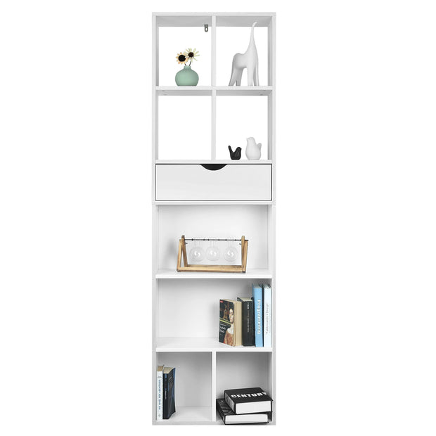 Bookcase with Drawer - Shelving Unit - Bookcase - Open Shelving Unit - Freestanding - Storage Cabinet - Room Divider - 6 Compartments - 1 Drawer - 50x24x168cm - White