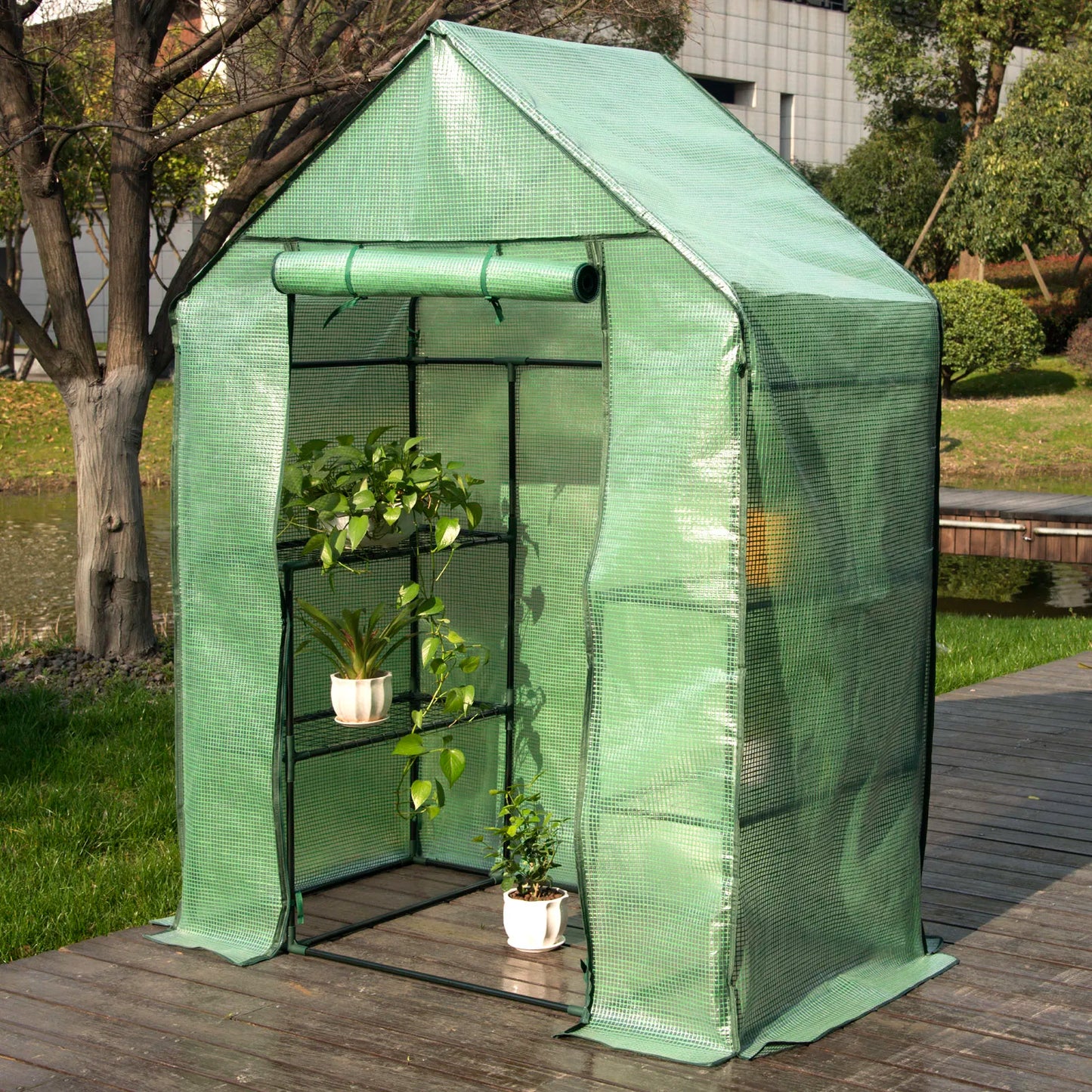 Foliekas - Broeikas - Hobbykas - Kweekkas - Huishoudelijke Schuur - voor Tomaten  - Planten - Beschermt Tegen Kou - Regen - Vorst - PER - Geverfde Stalen Buizen - 143 x 215 x 195 cm - Groen
