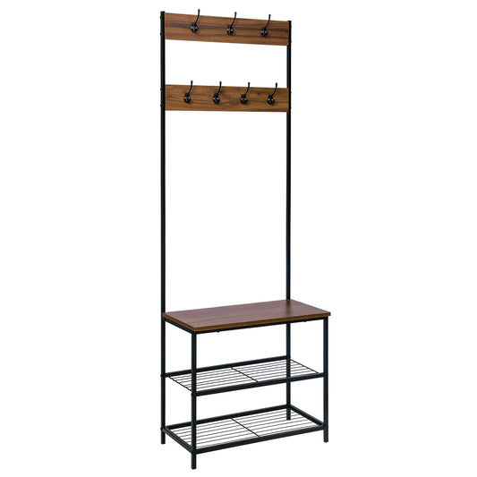 Coat rack with shoe rack - Clothes rack - Storage racks - 7 hooks - Freestanding - Stable wardrobe stand - Rack organizer - Metal - MDF board - 60x31.5x170cm - Black dark brown