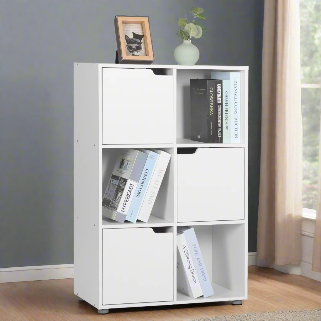 Boekenkasten - Boekenplanken - Boekenkasten Hout – Vrijstaand Wandrek met 6 Vakken & Deuren – Opbergkast voor Boeken - Dossiers - Decoratie – Geschikt voor Woonkamer - Slaapkamer - Kantoor – 59,7x29,7x91cm - Wit