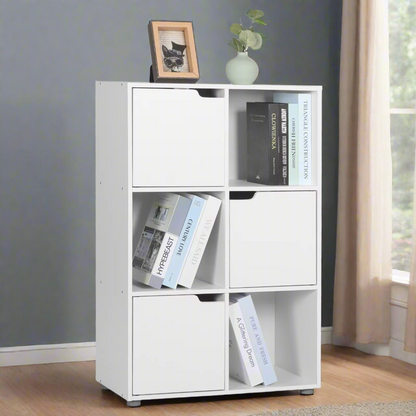 Boekenkasten - Boekenplanken - Boekenkasten Hout – Vrijstaand Wandrek met 6 Vakken & Deuren – Opbergkast voor Boeken - Dossiers - Decoratie – Geschikt voor Woonkamer - Slaapkamer - Kantoor – 59,7x29,7x91cm - Wit