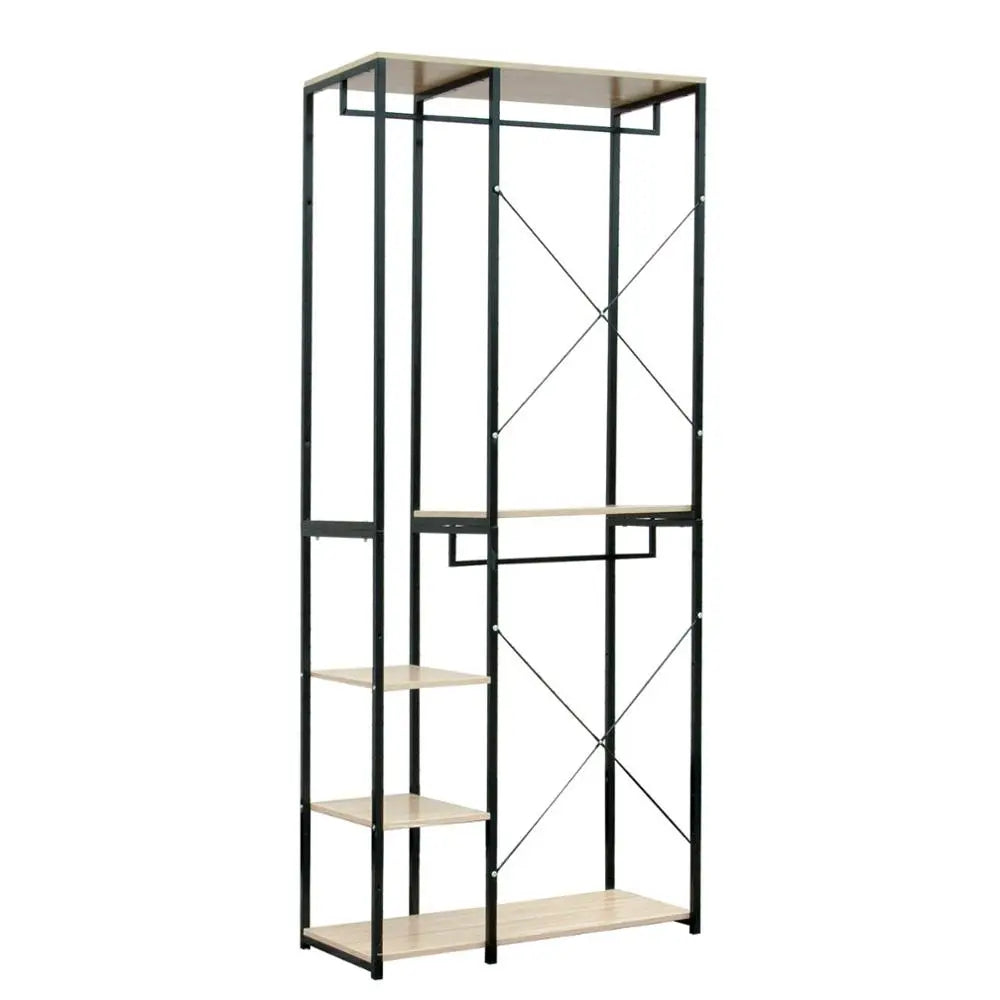 Kledingrek - Kledinghangers - Kledingrek Metaal - Houten Stalen Kapstok – Vrijstaande Kledinghanger - met Opslagplanken - Schoenenrek voor Slaapkame - 90x40x204.5cm - Zwart en Licht Eiken - QUORE