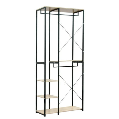 Kledingrek - Kledinghangers - Kledingrek Metaal - Houten Stalen Kapstok – Vrijstaande Kledinghanger - met Opslagplanken - Schoenenrek voor Slaapkame - 90x40x204.5cm - Zwart en Licht Eiken - QUORE