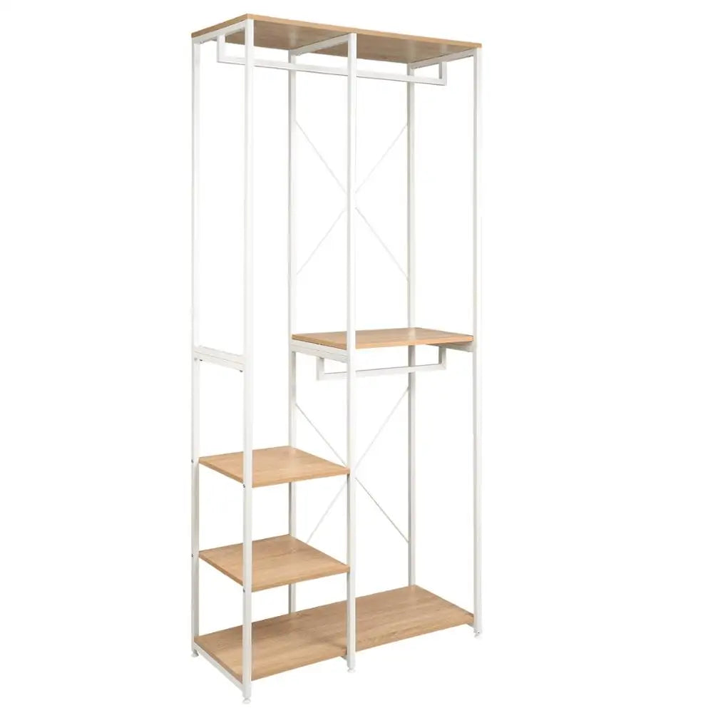 Kledingrek - Kledinghangers - Kledingrek Metaal - Houten Stalen Kapstok – Vrijstaande Kledinghanger - met Opslagplanken - Schoenenrek voor Slaapkame - 90x40x204.5cm - Wit en Licht Eiken - QUORE