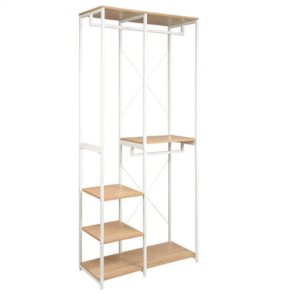 Kledingrek - Kledinghangers - Kledingrek Metaal - Houten Stalen Kapstok – Vrijstaande Kledinghanger - met Opslagplanken - Schoenenrek voor Slaapkame - 90x40x204.5cm - Wit en Licht Eiken - QUORE