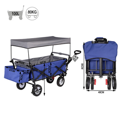 Tuinkar – Opvouwbare - met Dak - Wagen - Strand - Bolder - Boodschappen - Transport - Remwielen - Stalen Frame –Zonbescherming - Heavy-duty - Draagbare Trolley - Draagvermogen 80kg - Antraciet