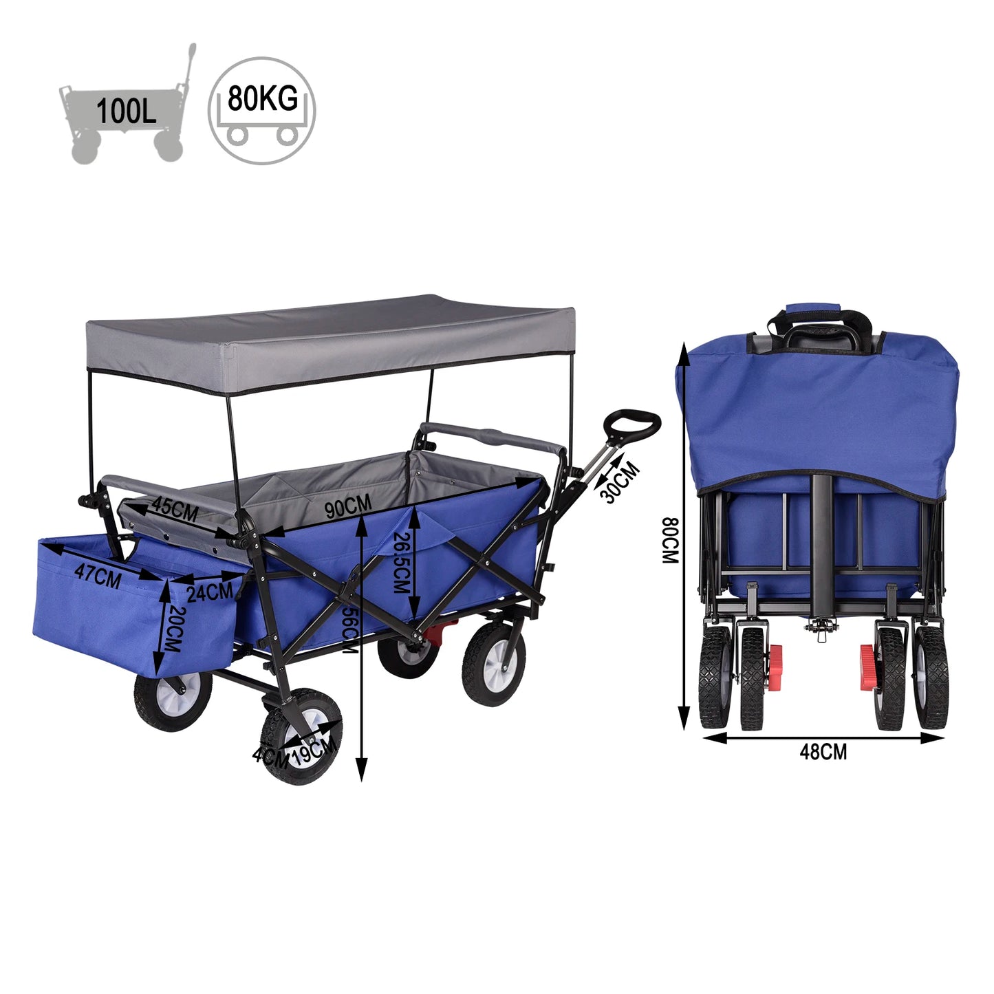 Tuinkar – Opvouwbare - met Dak - Wagen - Strand - Bolder - Boodschappen - Transport - Remwielen - Stalen Frame –Zonbescherming - Heavy-duty - Draagbare Trolley - Draagvermogen 80kg - Fuchsia