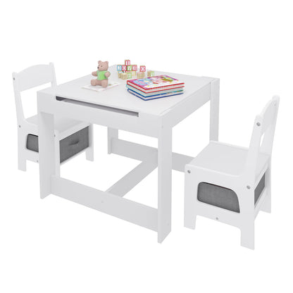 3-in-1 - Kindertafel -  kindertafel en Stoeltjes - Kindertafel en Stoelen Set – Omkeerbaar Tafelblad - Inclusief Opberglades - Tekenpapierrol – Houten Speeltafel -  voor Peuters & Kleuters - 63x63x51cm -  Wit - QUORE