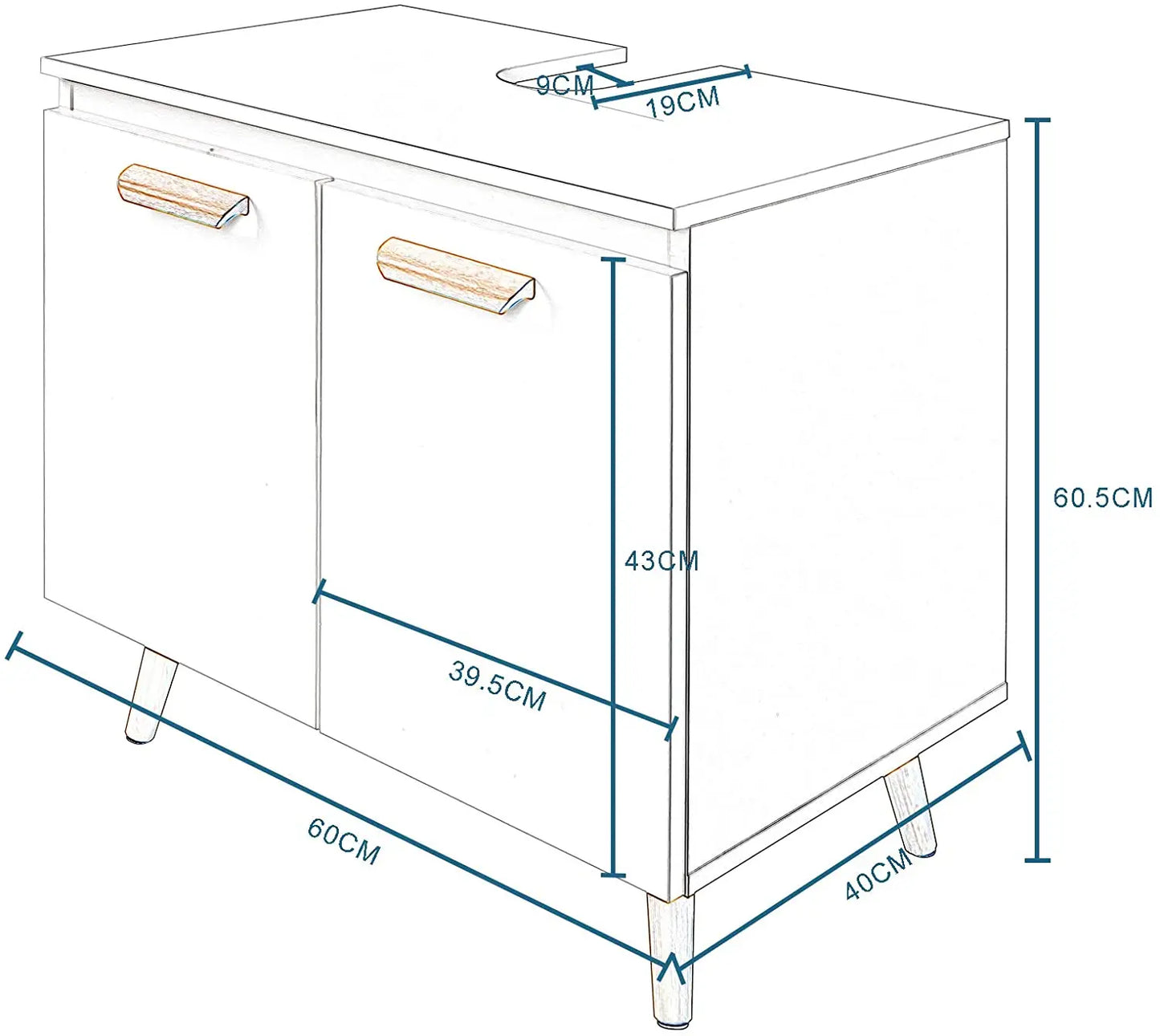 Wastafelonderkast - Badkamer - op Poten - Onderkast - Meubel - Praktische Opbergruimte - Onder de Wastafel - 60x40x60,5 cm - Vrijstaand Toiletmeubel - Modern MDF-design -Grijs Wit