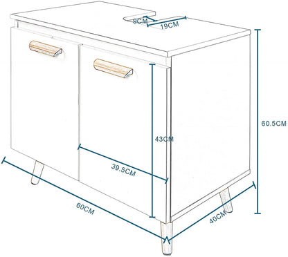 Wastafelonderkast - Badkamer - op Poten - Onderkast - Meubel - Praktische Opbergruimte - Onder de Wastafel - 60x40x60,5 cm - Vrijstaand Toiletmeubel - Modern MDF-design -Grijs Wit