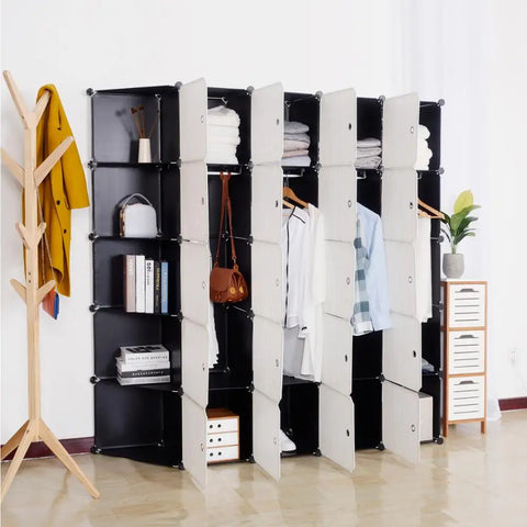Grote Kledingkast - DIY Opbergkast met Deuren - Garderobekast - 4 Kledingroedes - 13 Opbergvakken - Kleding - Schoenen - Boeken - Moderne - 185x185x35 cm - Eenvoudige Montage - Zwart Wit
