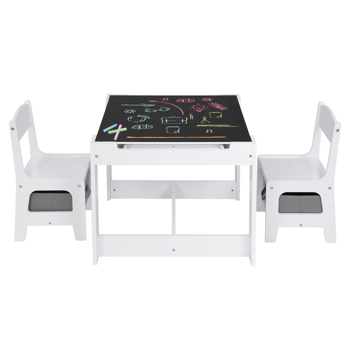 3-in-1 - Kindertafel -  kindertafel en Stoeltjes - Kindertafel en Stoelen Set – Omkeerbaar Tafelblad - Inclusief Opberglades - Tekenpapierrol – Houten Speeltafel -  voor Peuters & Kleuters - 63x63x51cm -  Wit - QUORE