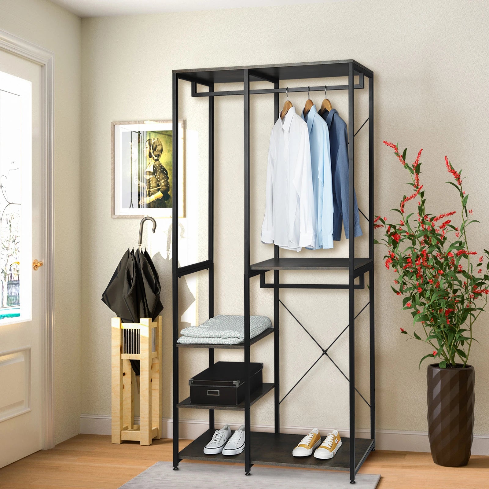 Kledingrek - Kledinghangers - Kledingrek Metaal - Houten Stalen Kapstok – Vrijstaande Kledinghanger - met Opslagplanken - Schoenenrek voor Slaapkame - 90x40x204.5cm - Zwart en Roest - QUORE