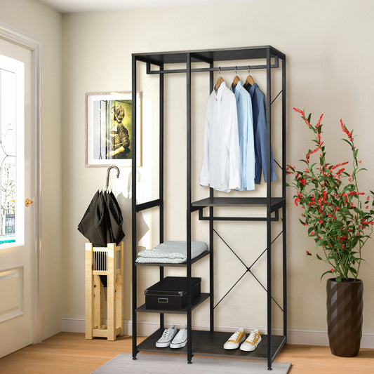 Kledingrek - Kledinghangers - Kledingrek Metaal - Houten Stalen Kapstok – Vrijstaande Kledinghanger - met Opslagplanken - Schoenenrek voor Slaapkame - 90x40x204.5cm - Zwart en Roest - QUORE
