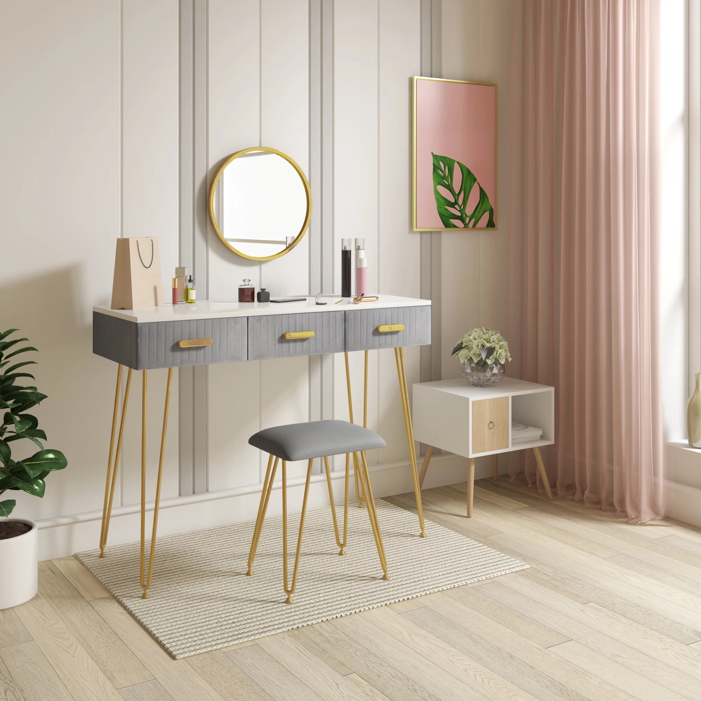 Luxe Kaptafel met Spiegel en Krukje - Moderne Dressoir - Wit / Roze - 3 Lades - 100 x 40 x 77 cm - Make Up Tafel