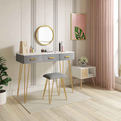 Luxe Kaptafel met Spiegel en Krukje - Moderne Dressoir - Wit / Roze - 3 Lades - 100 x 40 x 77 cm - Make Up Tafel